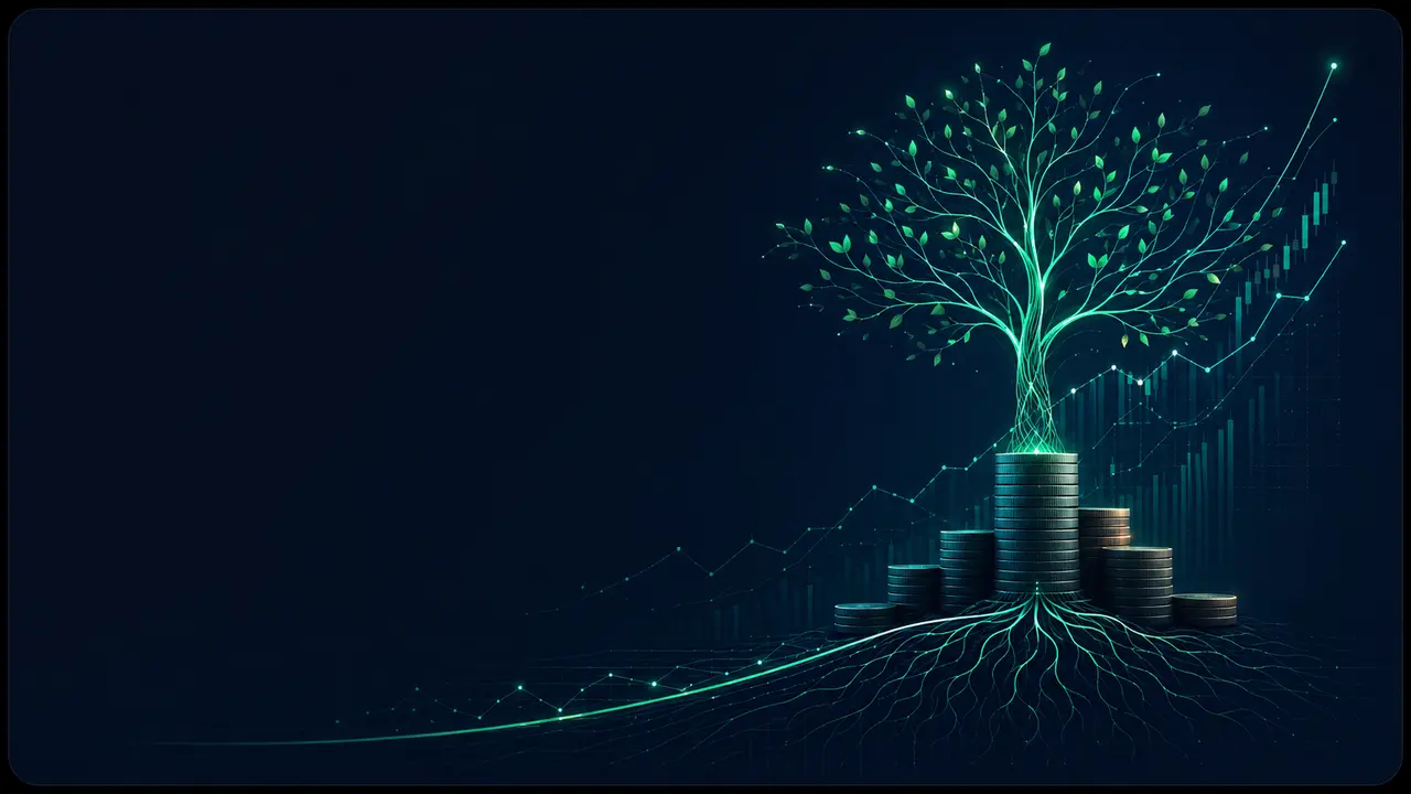 Illustration of long-term savings growing through compounding and regular contributions
